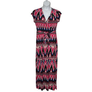 Women's size 16 pink multi colored print long maxi A-line cross front dress